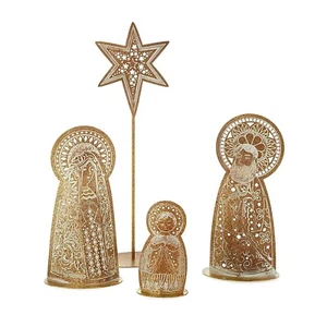 Hallmark Metal Nativity Set Pierced Gold Tone Whitewash Aged 4 Piece - Picture 1 of 7