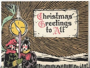 TARJETA ART DECO NAVIDAD DE COLECCIÓN 4,5x3,5 Dos niños cantando bajo farola por la noche - Imagen 1 de 3