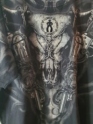 Cowboy Up Men’s Graphic Black T-shirt Size XXL  Guns Cow Skull All Over Print - Image 1 of 4