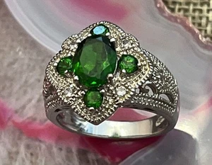 Designer LH Sterling Silver Art Deco Style Chrome Diopside Cocktail Ring Sz 7.75 - Picture 1 of 16