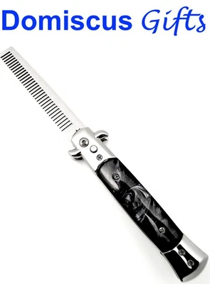 9" ¡NUEVO! Cuchillo de Bolsillo Cepillo Plegable Automático Peine SWITCHBLADE Mármol NEGRO Foto 1 de 4