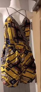 XHILARATION ROMPER JUMPSUIT SHORTS YELLOW BLUE TRIBAL BOHO COTTON POCKETS M - Picture 1 of 7