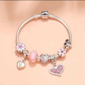 SILVER SNAKE CHAIN BRACELET WITH PINK LOVE HEART EUROPEAN CHARMS - Picture 1 of 10