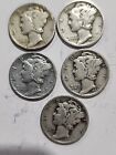 Mercury Dimes 90% Silver Coins, Lots Of 5 Mixed Dates