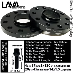 4PC 17MM THICK 5X130 71.5MM C.B WHEEL SPACER+14X1.5 BOLT FIT AUDI VW PORSCHE - Picture 1 of 2