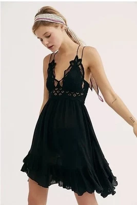 FREE PEOPLE одно платье женщин Sz средний Adella скольжения черный богемное крючком кружева яруса - Изображение 1 из 4