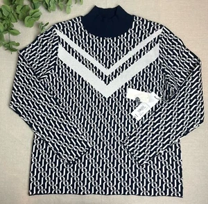 Liz Claiborne Size M Sweater Navy Blue White Nautical Preppy Chain Mock Neck NWT - Picture 1 of 8