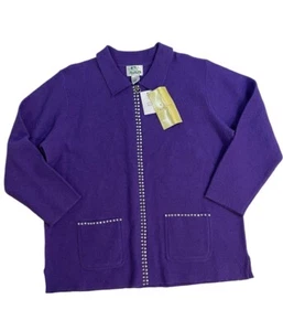 Quacker Factory Cardigan Sweater Size 1X Purple Boiled Wool Full Zip Jewel NWT - Picture 1 of 8