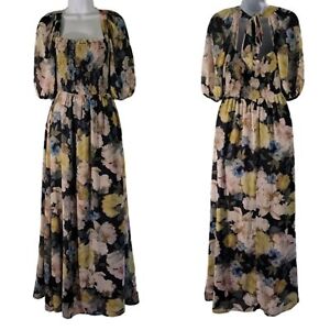 Flying Tomato Women's Maxi Dress Sz S Yellow Floral Puff Sleeve Smocked Flowy