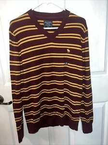 New Abercrombie & Fitch A&F Men V Neck Sweater Strip Burgundy Yellow Size Med - Picture 1 of 7