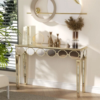 Modern Mirrored Console Table Vanity Makeup Desk Glass Entryway Table Gold Rim - Image 1 of 4