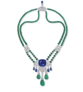 Two Strand Sapphire Emerald and CZ Diamond Pendant Necklace 925 Sterling Silver - Picture 1 of 6