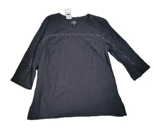 JM Collection Nieten Tunika Oberteil 3/4 Arm schwarz Rundhals Gr. Large  - Bild 1 von 6