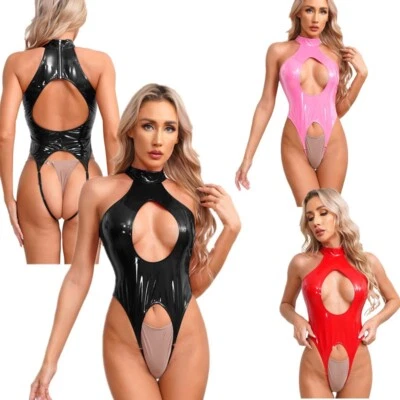 Damen Glänzend Trikot Bodysuit Lack Leder Cut-Out Jumpsuit Wetlook Nachtwäsche - Bild 1 von 4