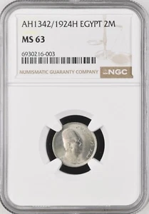 EGYPT , 2 MILLIEMES KING FUAD FOUAD 1924 ( S ) NGC MS 63 , RARE - Picture 1 of 2