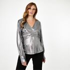 Biba X Tess Daly Lam V Neck Wrap Blouse - Metallic Silver / Size 12
