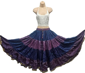 Silk Blend Sari 6/7 Yard Skirt Belly Dance Boho Tiered One Size 6 8 10 12 14 16 - Picture 1 of 6