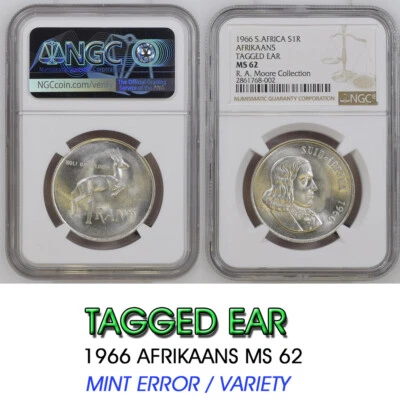 TAGGED EAR 1966 SILVER 1 rand MS62 ngc south africa AFRIKAANS R1 UNCIRCULATED 2 - Image 1 of 4