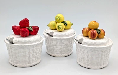 Vintage Italian Pottery Basket Weave Canister Jars Fruit Themed Lids Set of 3 - Image 1 of 4