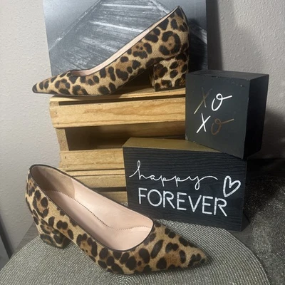 Zapatos de salón J.CREW Cheetah estampado de leopardo cuero mohair punta puntiaguda tacón grueso 8 usados en excelente estado Foto 1 de 4