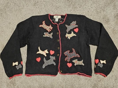 Cárdigan negro vintage Orvis para mujer talla Lg corazón patrón perro suéter feo Foto 1 de 4