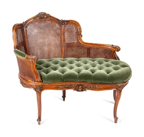 Settee, Louis XV Style Caned, Green  Tufted Upholstery, Height 33 1/2 x Width 40 Cover