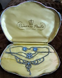 Vtg Princess Pride Collections 3-Pc Jewelry Set Silver Tone W/Blue Rhinestones - Picture 1 of 11