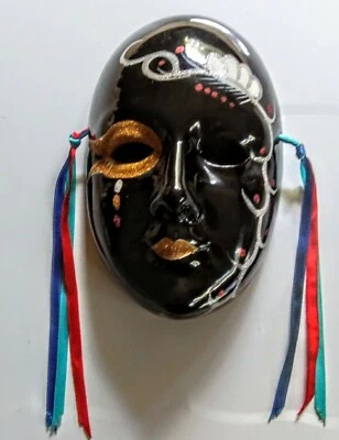 Vintage Wall Mask Oriental Black Silver Gold Ceramic with Blue Red Ribbons Gift - Image 1 of 4