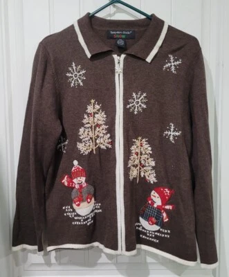 Suéter Hampshire Studio Marrón Navidad Mujer Cremallera Bordado Muñeco de Nieve Talla PXL Foto 1 de 4
