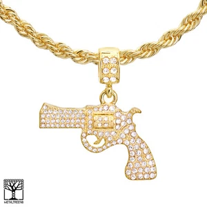 Men's Hip Hop Fully Iced CZ Gun Pendant 24" Rope Chain Necklace Set HC 1165 - Picture 1 of 6