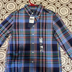 Ralph Lauren Boys Classic Polo Lg Sleeve Shirt Blue Cotton Plaid M10/12 New NWT - Picture 1 of 10