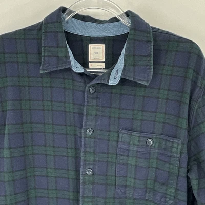 Camisa feminina GAP flanela XL azul marinho verde xadrez algodão manga longa botão para cima - Imagem 1 de 4