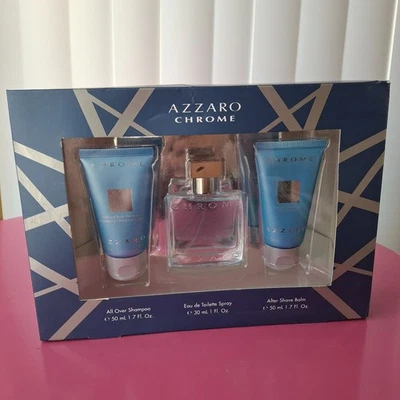 Juego de regalo para hombres AZZARO CHROME: spray EDT 1,0 oz/champú para todas partes/bálsamo para después del afeitado Foto 1 de 4