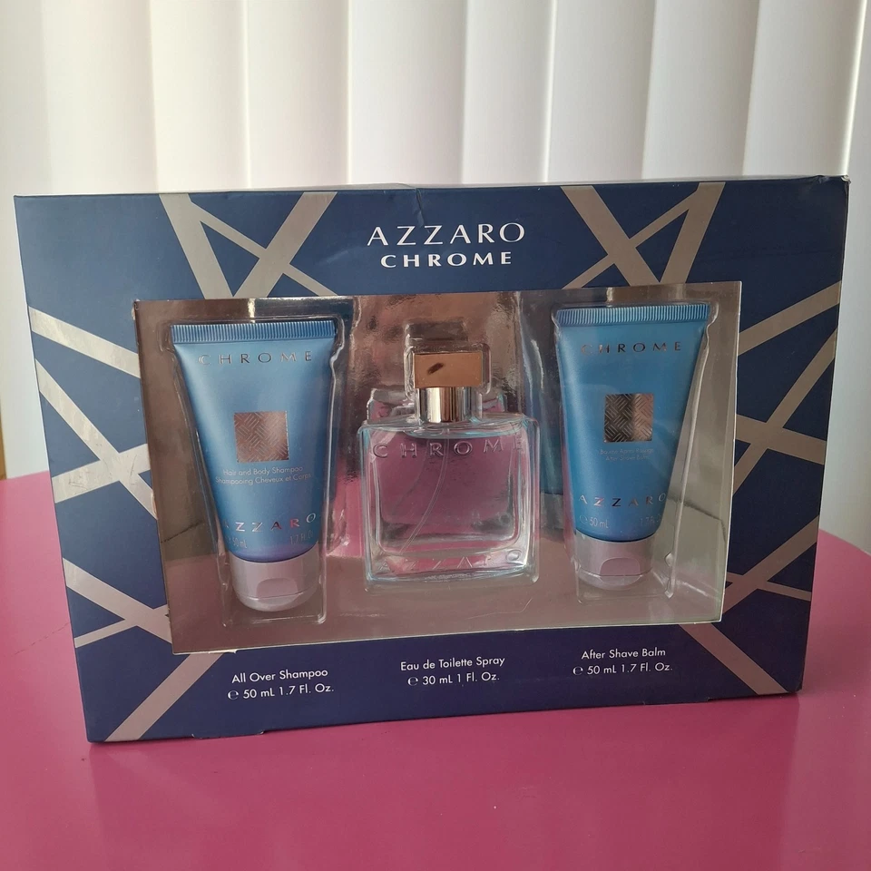 AZZARO CHROME Men Gift Set EDT Spray 1.0 oz /All Over Shampoo/After Shave Balm