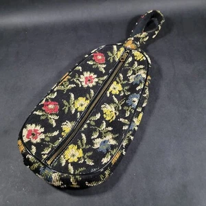Vintage Tapestry Travel Makeup Bag Overnight Black Floral zippered w red lining - Picture 1 of 6
