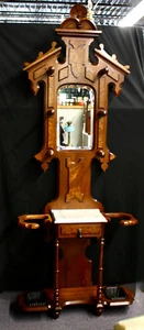 Victorian Hall Tree Mirror Drawer Marble Umbrella Holders +Cast Iron Bowls 1870 - Picture 1 of 11