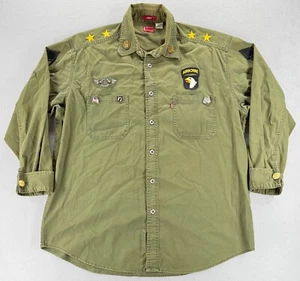 Vintage Levi’s Loose Fit Button Up Long Sleeve Shirt Military Patch Green Size L - Picture 1 of 18