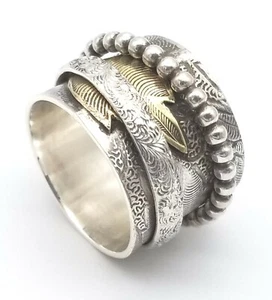 Sterling Silver Patterned Wide Band Spinner Ring With Brass Leaf Motif Overlay - Picture 1 of 1