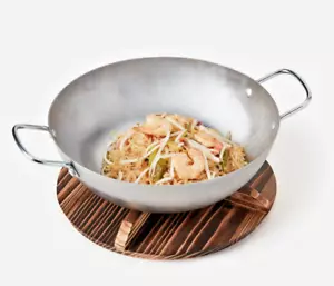 12" Carbon Steel Flat Bottom Wok with Convertible Wood Trivet Lid for Serving - Picture 1 of 4