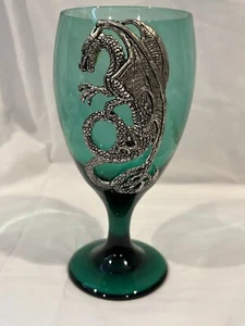 1992 Fellowship Foundry Pewter Goblet Dragon Drinking Water Wine Green Glass - Picture 1 of 10