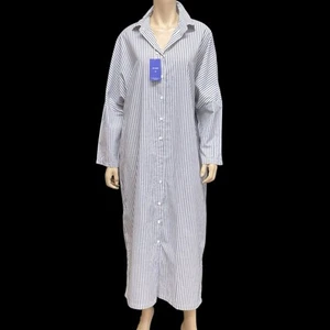 Chouyatou Dress Women Medium Blue White Stripe Button Down Coastal NWT - Picture 1 of 15