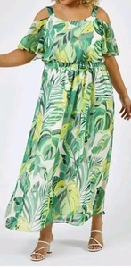 ROMAN curve Tropical Leaf Print Cold Shoulder Maxi Dress Size 18 Bnwt - Picture 1 of 6