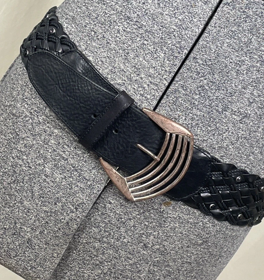 Cinturón Sportmax Code ancho de cuero negro trenzado talla grande tachuelas de cristal Italia Foto 1 de 4