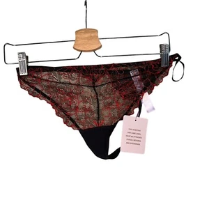 Savage X Fenty Embroidered Lace G-String Womens Sz 1X Red Black Sheer Thong - Picture 1 of 3