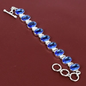 925 Sterling Silver Blue Tanzanite Gemstone Handmade Jewelry Chain Bracelet - Picture 1 of 10