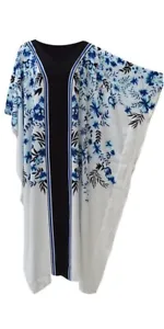 New ARWEN White Blue Black Floral Kaftan Caftan Cool Soft Long Ladies Dress Plus - Picture 1 of 1