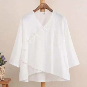 Women Linen Cotton Blouse Tops V Neck Frog Button 3/4 Sleeve Shirts Retro Casual - Picture 1 of 15
