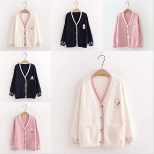 Women Girl Knit Sweater Vute Bunny Jacket Cardigan Coat Jumper Top Preppy Party - Picture 1 of 12
