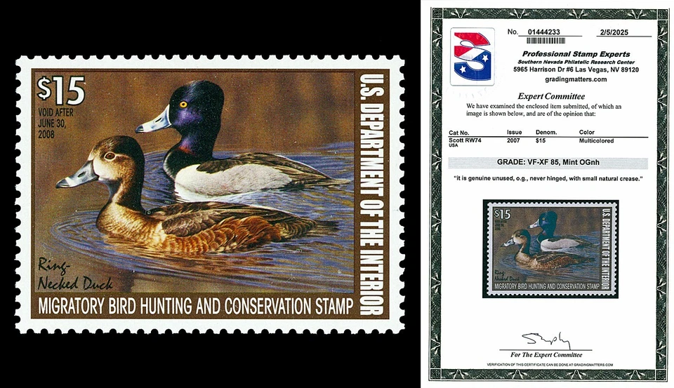 Scott RW74 2007 $15.00 Duck Stamp Mint Graded VF-XF 85 NH with PSE CERT - Image 1 of 1