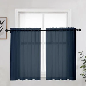 Short Navy Blue Sheer Curtains 36 Inches 2 Panels Set - Kitchen Tiers Valances - Picture 1 of 7